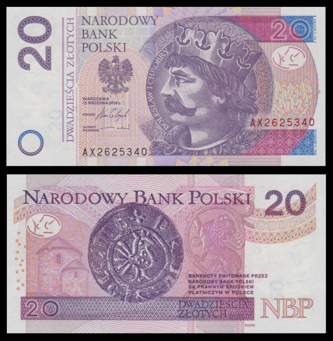 POLONIA █ bancnota █ 20 Zlotych █ 2016 █ P-184b █ UNC █ necirculata