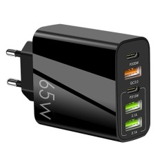 Incarcator retea multiport, fast charge 65W, 5 iesiri (3x USB + 2x USB-C), protectie la supraincalzire, compact si portabil, universal, negru