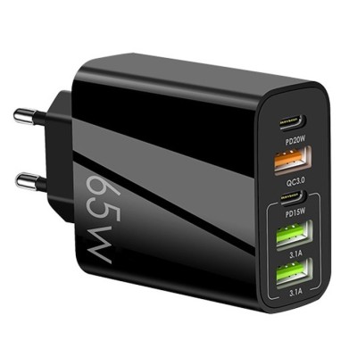 Incarcator retea multiport, fast charge 65W, 5 iesiri (3x USB + 2x USB-C), protectie la supraincalzire, compact si portabil, universal, negru foto