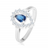 Inel, argint 925, contur transparent de picătură de ploaie așezată invers cu zirconiu albastru &icirc;n formă de lacrimă - Marime inel: 49