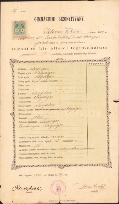 HST A210 Certificat școlar 1903 Lugoj semnat olograf Putnoky Miklos
