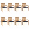 Set 8 Scaune Gradina Stivuibile Lemn Tec Masiv cu Perne Albastre, Exterior Interior, 60x57.5x90 cm