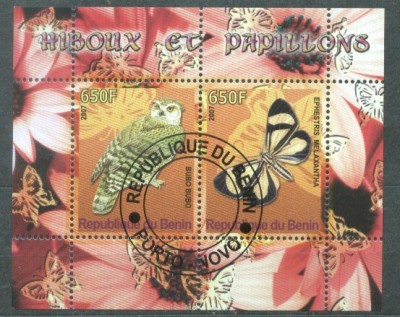 Benin 2007 Owls, Butterflies, perf.sheetlet, used T.032 foto
