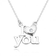 Colier din argint 925 cu diamant, &quot;I heart you&quot;, lanț din zale ovale