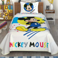 Lenjerie si Cuvertura Copii Mickey Mouse Colour, Pentru Pat de 120x200 cm (Bumbac 100%)