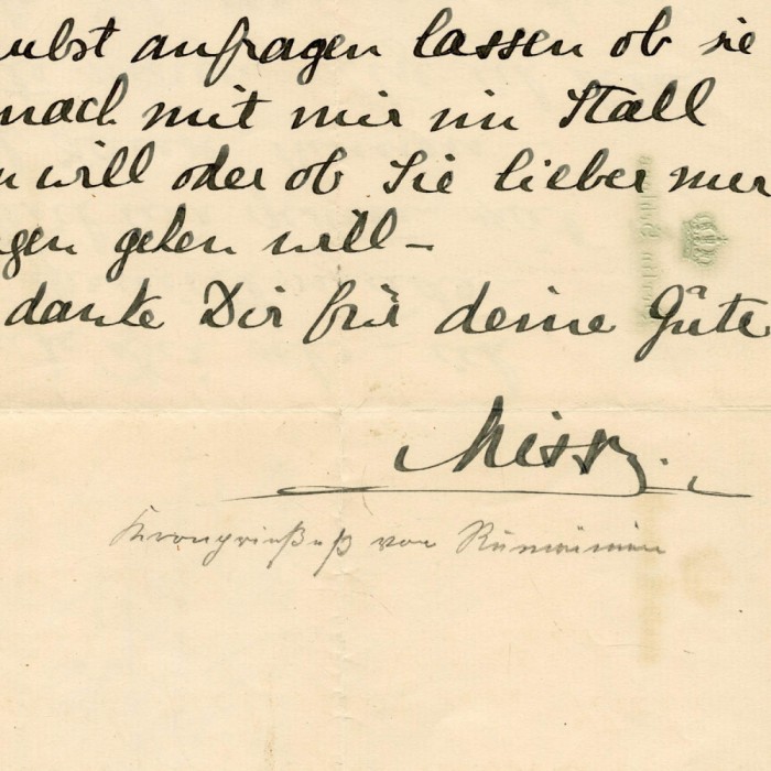 Regina Maria a Rom&acirc;niei, scrisoare &icirc;n limba germană, semnată Missy