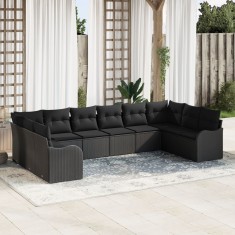 Set de canapea de gradina Gossi 10 piese cu perne negru poliratan, canapea de gradina Gossi 2 locuri cu perne negru poliratan