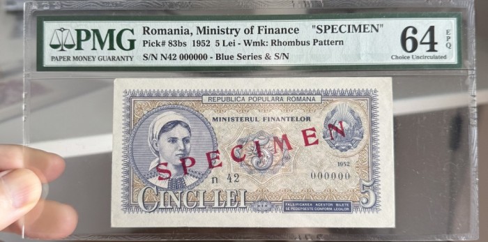 5 lei 1952 specimen PMG64 UNC bancnota gradata
