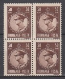 ROMANIA 1932 LP 96 REGELE CAROL II UZUALE FILIGRAN CC VALOAREA 50 BANI SEPIA BLOC DE 4 TIMBRE STARE MNH