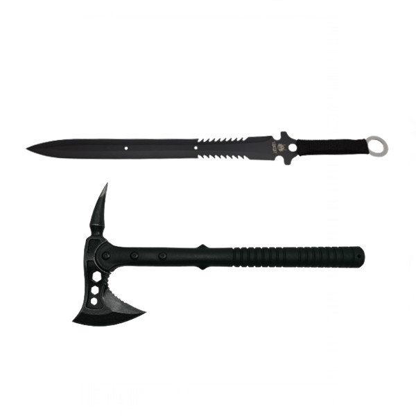 Set topor si sabie de vanatoare, IdeallStore&reg;, otel inoxidabil, negru, 39 cm