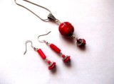 Set Bijuterii Handmade: Pandantiv &amp; Cercei cu Coral Roșu Natural