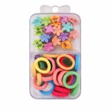 Cumpara ieftin Set 25 elastice par 1.5 cm si 16 cleme mini florale 0.8 cm, cutie organizator transparenta