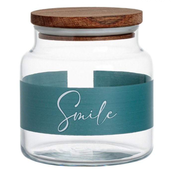 Borcan Sticlă Smile, Capac Lemn, Bandă Gri, Capacitate 0,635L