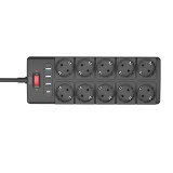 Prelungitor Well cu protecție, 10 prize Schuko, 3 USB + USB-C, 2 m, negru