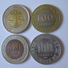 Lot 4 monede din diferite țări:Etiopia,Kazakhstan,Rwanda,Gabon 100 Francs 1975