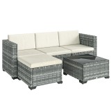 Outsunny Set mobilier grădină Polyrattan 5 piese, set lounge cu colțar, taburet, masă și perne pentru șezut și spate Gri+Cremewei&szlig; | Aosom Romania