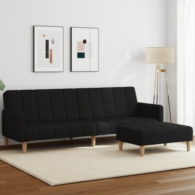 Canapea extensibilă cu taburet, 2 locuri, negru, textil foto