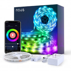 Banda LED Smart Nous F1, WiFi, RGB, 24 W, 1700 lumeni, 5 metri, control vocal, aplicatie Smart, temporizator