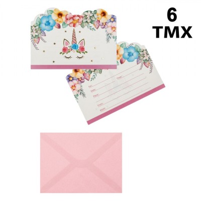 Set Invitatii Petrecere, Model Unicorn, 6 Bucati, Multicolor, Plicuri Roz foto