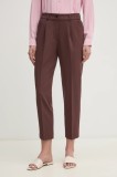 Sisley pantaloni femei, culoarea maro, drept, high waist