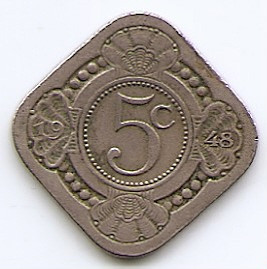 Curacao 5 Cents 1948 - Wilhelmina, Cupru-nichel, 21 mm KM-47 foto