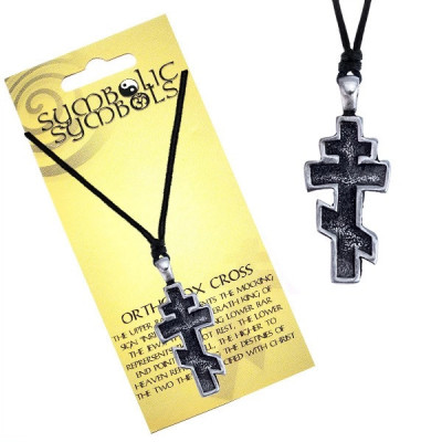 Colier - șnur și pandantiv de metal, cruce ortodoxă, cu patină foto