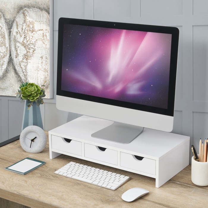 Suport monitor, en.casa, Ruovesi, 12 x 51 x 25 cm, pal, alb cu 3 sertare HausGarden Leisure