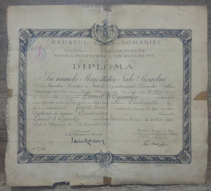 Diploma de inginer// Scoala Politechnica Bucuresti, 1929