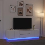 Dulap TV vidaXL cu LED Alb 193.5cm, Comoda TV Living, 2 Sertare si 4 Usi, Design Modern