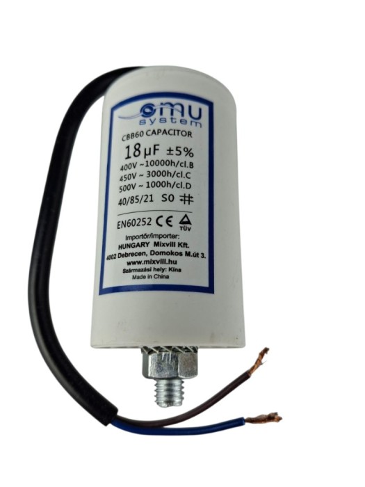 Condensator de operare 18&mu;F 450V AC cu cablu surub M8 cu piulita fir de 20cm