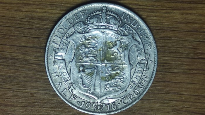 Anglia / Marea Britanie - moneda colectie 14g argint 925 - 1/2 half crown 1916 -George V- varianta argint sterling - impecabila !