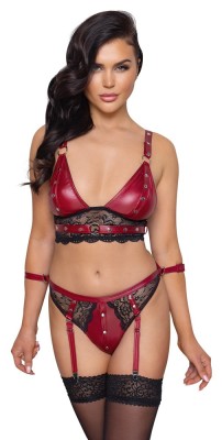Set Lenjerie 2 Piese, Wetlook si Dantela, Visiniu/Negru, S foto