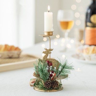 Suport Decorativ pentru Lumanare de Craciun, Flippy, Ornament pentru Lumanare, Model Ren Auriu cu Crengute de Brad, din Art Metal, pentru Masa, fara L foto