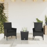 VidaXL Set bistro cu perne, 3 piese, negru, poliratan și sticlă