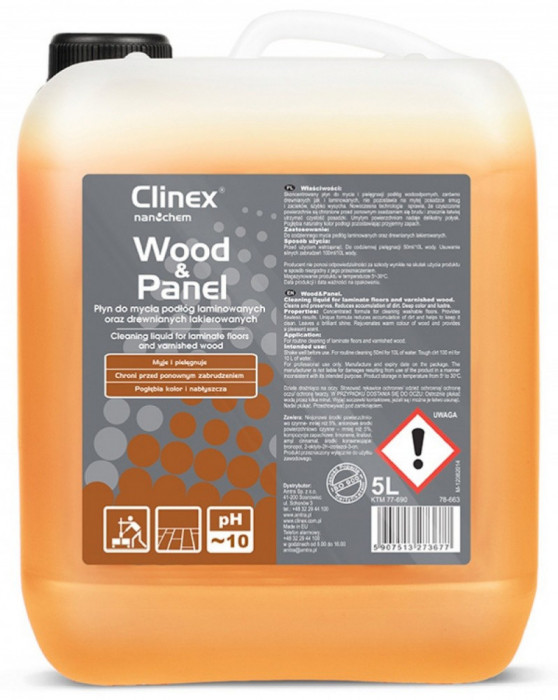 Clinex Wood &amp; Panel, 5 litri, detergent lichid, concentrat, pt. curatare parchet si suprafete lemn