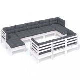 Set mobilier de gradina cu perne, 10 piese, alb lemn masiv pin