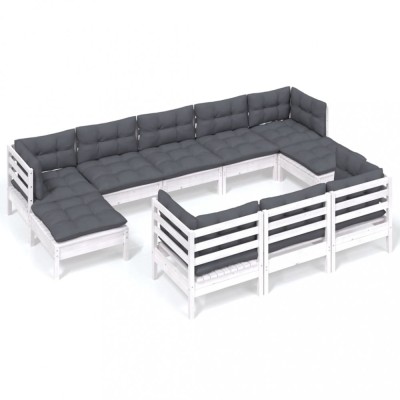 Set mobilier de gradina cu perne, 10 piese, alb lemn masiv pin foto