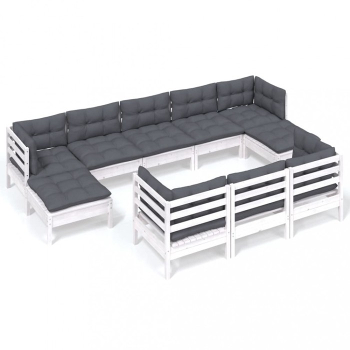 Set mobilier de gradina cu perne, 10 piese, alb lemn masiv pin