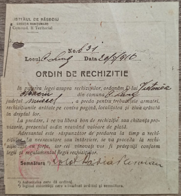 Ordin de rechizitie Ministerul de Rasboiu 1916 foto