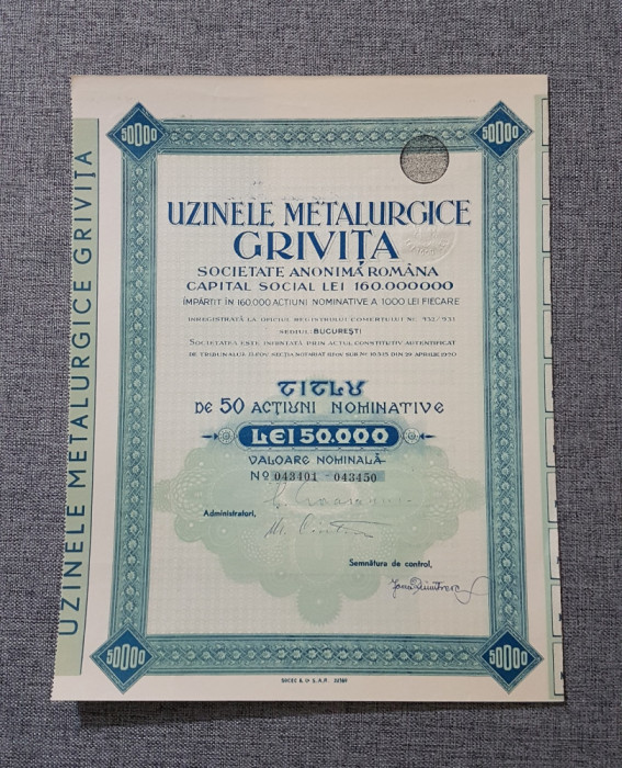 Actiune soc. metalurgice Grivita , titlu 50 actiuni nominative