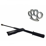 Cumpara ieftin Set baston telescopic flexibil negru maner tip tonfa 47 cm + box argintiu 1 cm grosime