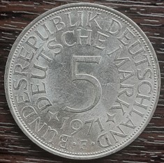 (A884) MONEDA DIN ARGINT GERMANIA - 5 MARK 1971, LIT F, 11,2 GRAME. PURITATE 625