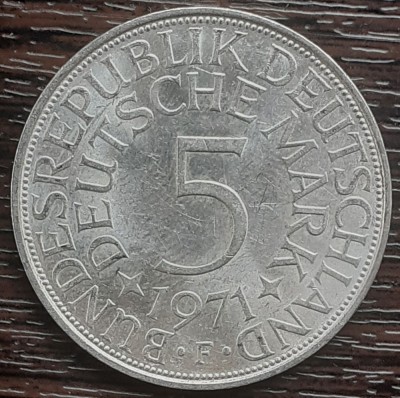 (A884) MONEDA DIN ARGINT GERMANIA - 5 MARK 1971, LIT F, 11,2 GRAME. PURITATE 625 foto