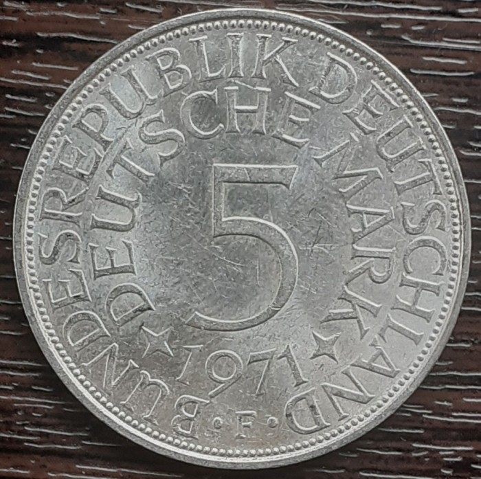 (A884) MONEDA DIN ARGINT GERMANIA - 5 MARK 1971, LIT F, 11,2 GRAME. PURITATE 625
