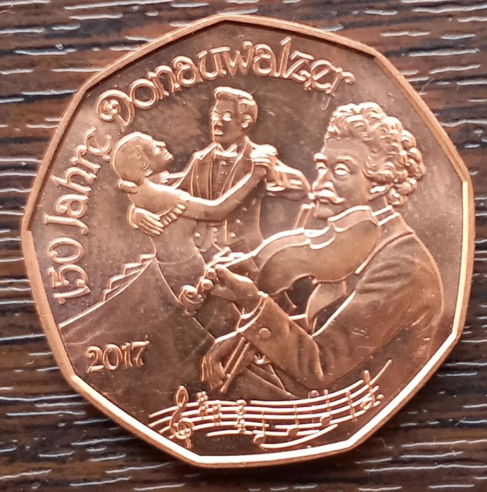 (S) MONEDA AUSTRIA - 5 EURO 2017, 150 ANI - VALSUL DUNARII, CUPRU, STARE AUNC