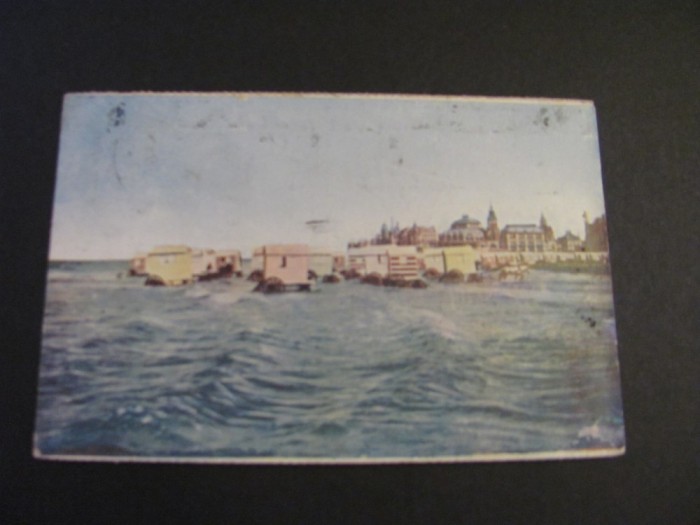 Carte poștală Belgiană originală &ndash; Ostend, Băi de mare cu cabine pe roți,Piesă de colecție La Belle &Eacute;poque(cel mai probabil din perioada 1900&ndash;1940)