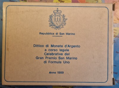 Set San Marino 500+1000 Lire San Marino Grand Prix, 1989, argint, cutie, KM#243, KM#244, excelente foto