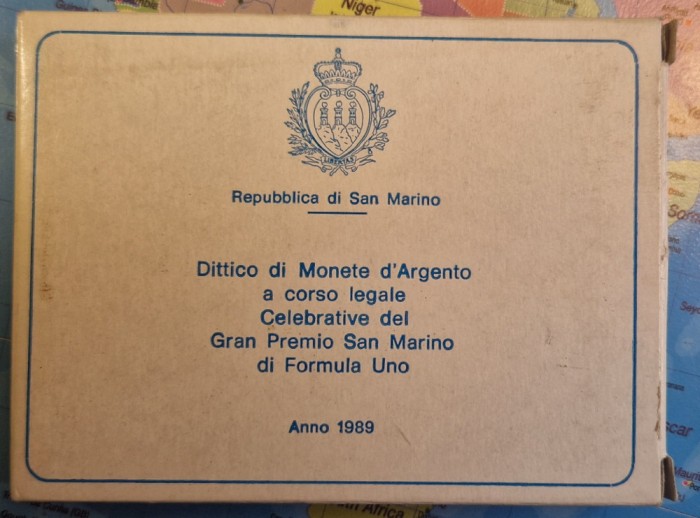 Set San Marino 500+1000 Lire San Marino Grand Prix, 1989, argint, cutie, KM#243, KM#244, excelente