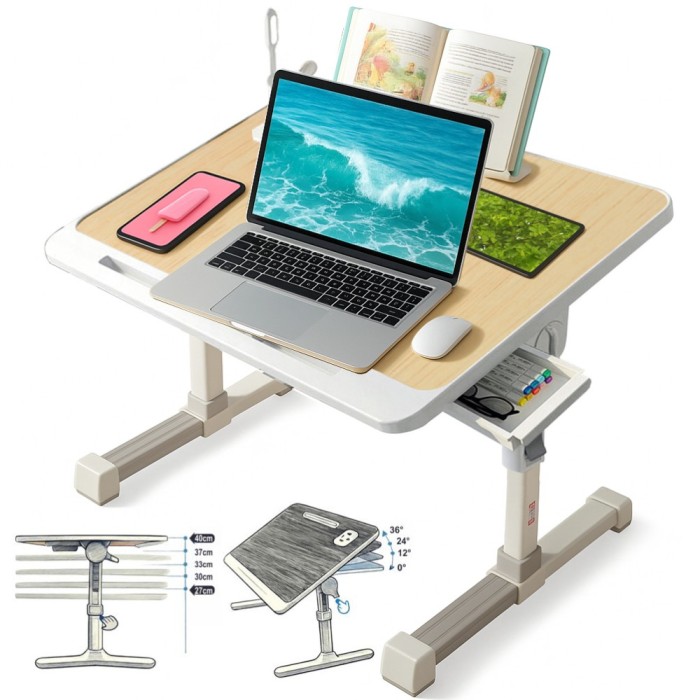 Stand laptop multifunctional tip masuta, Reglabil, Pliabil, 60cm x 40cm x 27cm ~ 40cm, Suport carte, Suport tableta, Sertar depozitare, Lemn