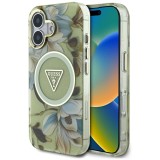 Husa iPhone 16 originala Guess IML Metal Glitter Flowers Triangle MagSafe, verde, GUHMP16SHFLPEDN